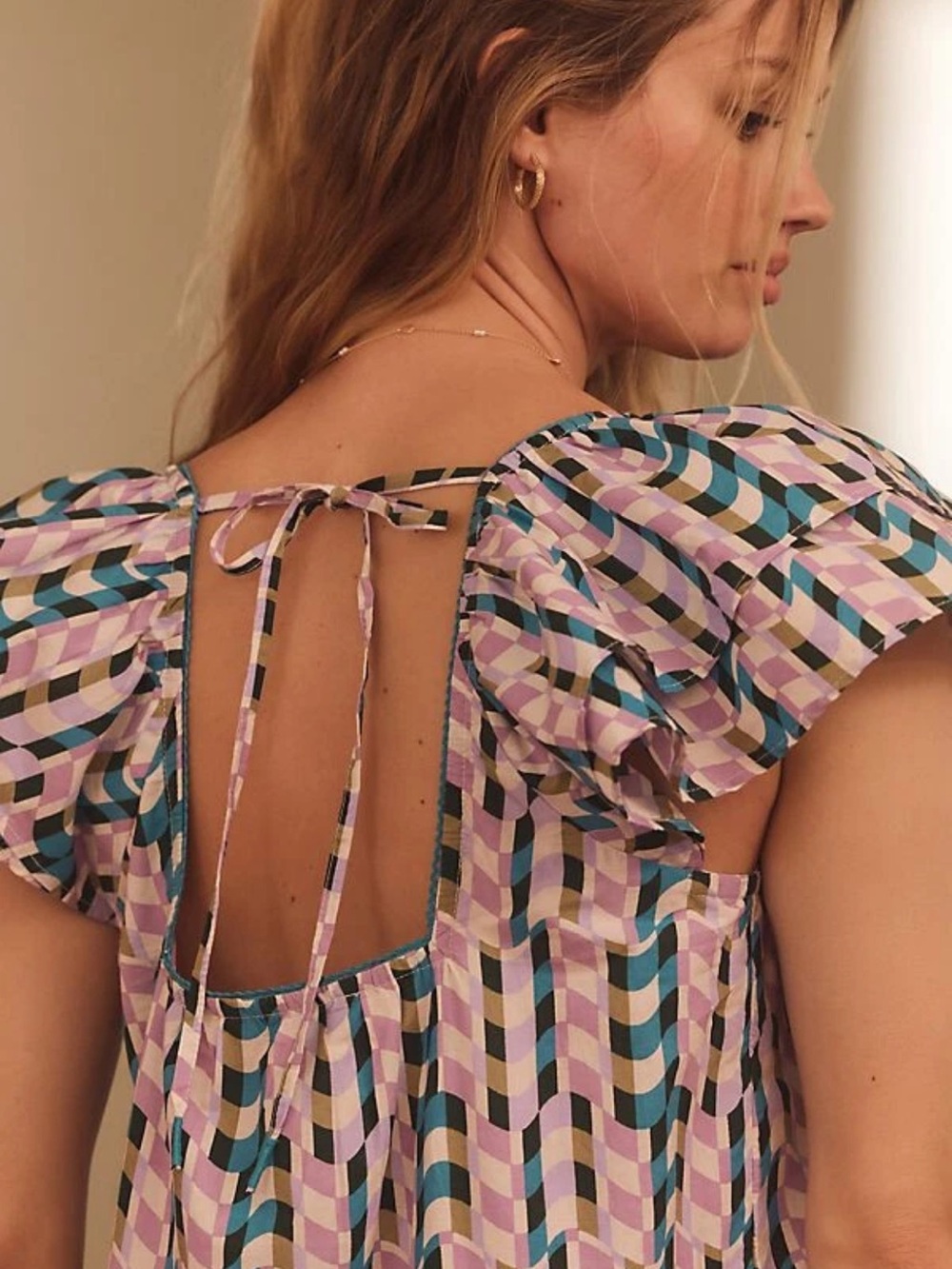 Anthropologie Lavender Teal Geometric Ruffle-Sleeve Dress